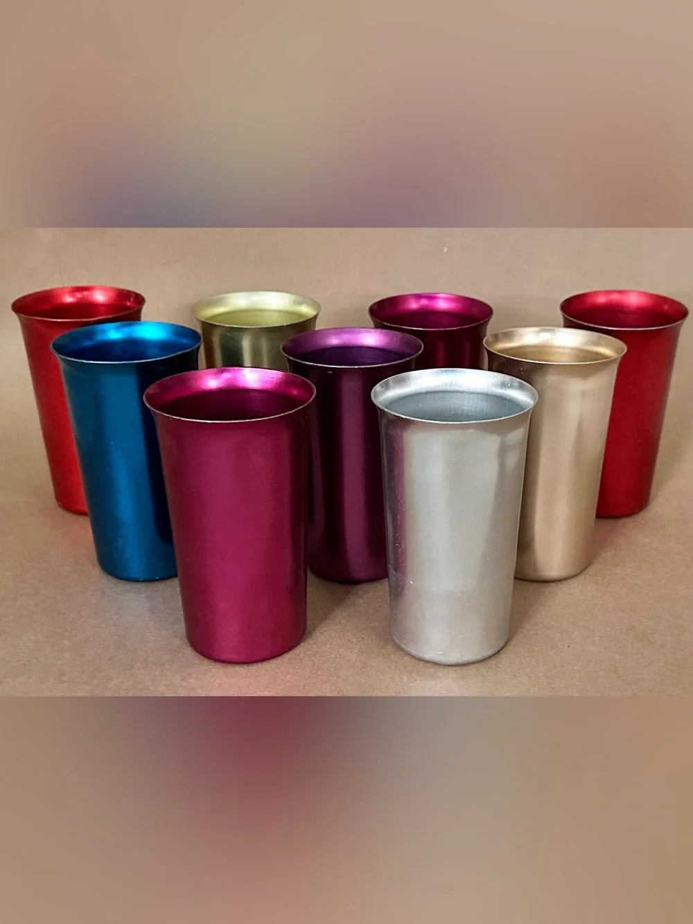 1950s MCM Sunburst Colorful Anodized Aluminum Drinking Glasses Lot of 9